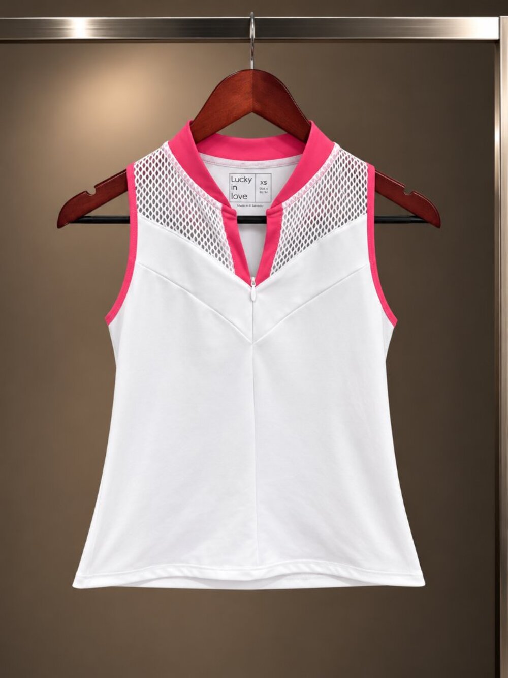 Lucky in Love White Pink Sleeveless Tennis Top Mesh Yoke Zip Neck Size XS